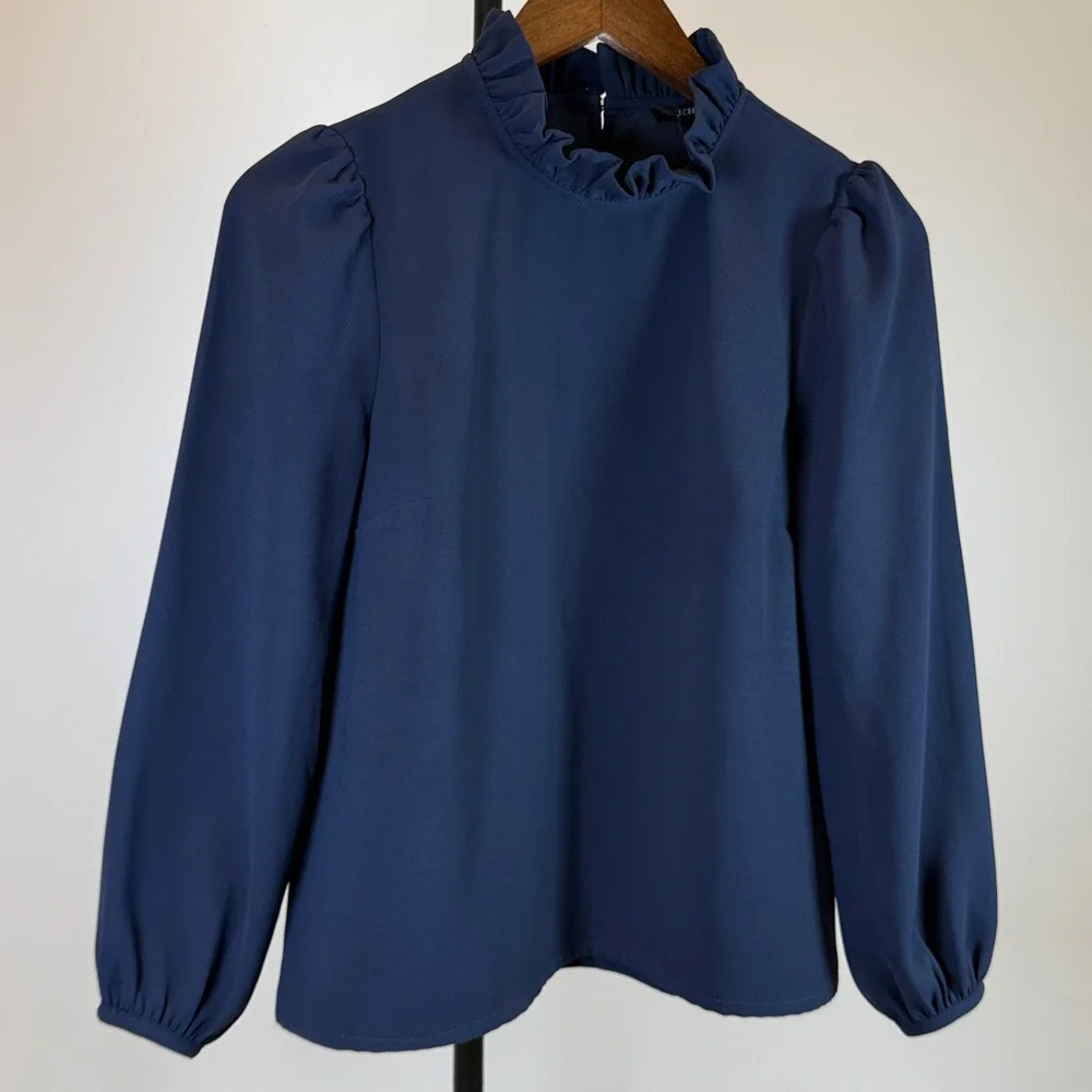 J. Crew Navy Ruffle Mock-Neck Long Sleeve Blouse | Size XS